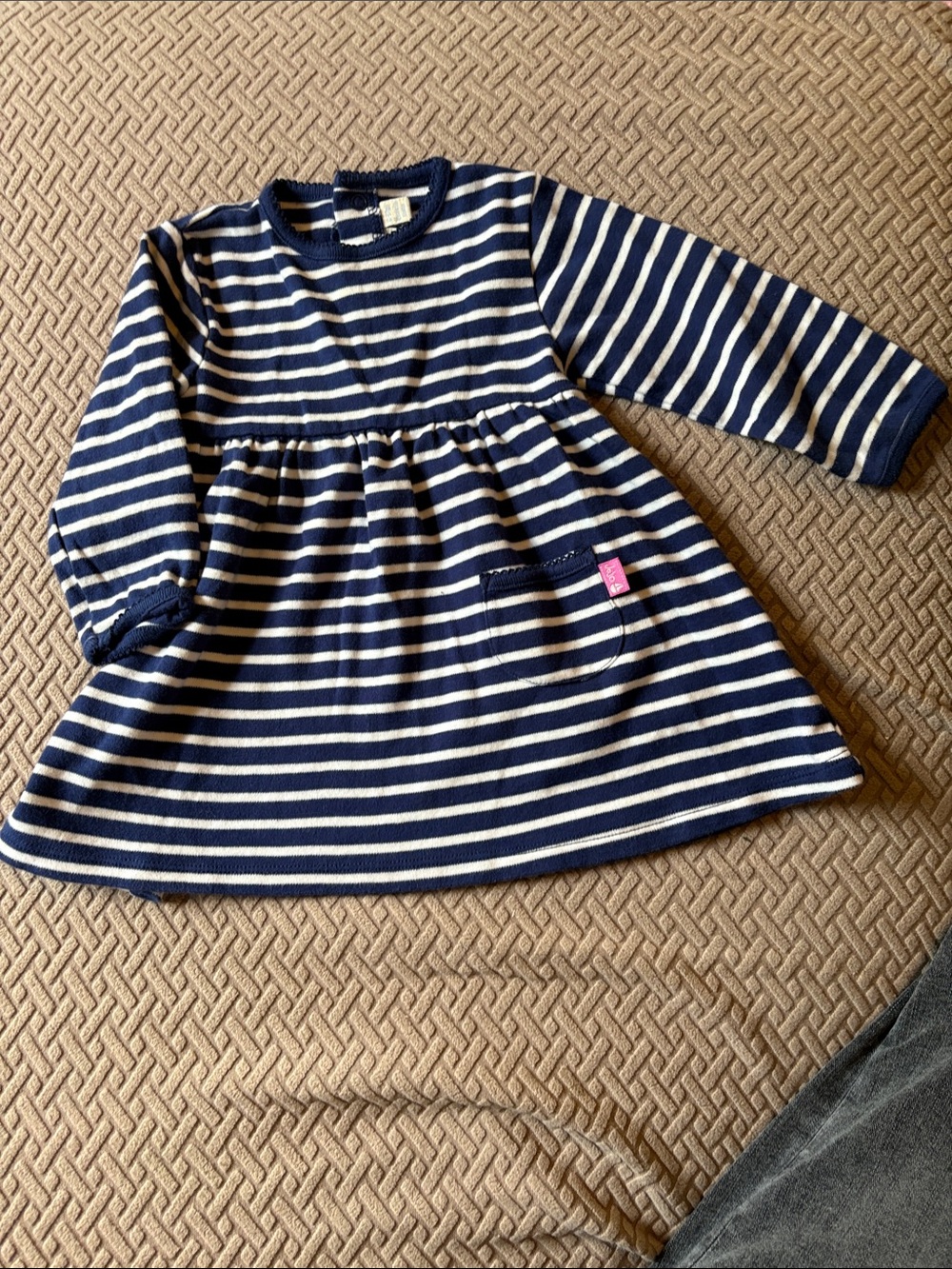 JoJo Maman Bebe Navy & White Striped Long-Sleeve Dress